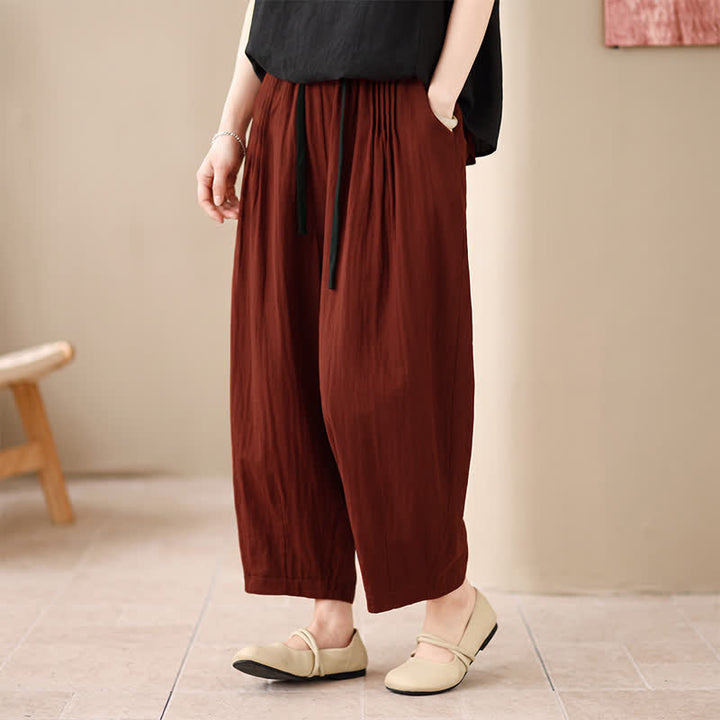 Buddha Stones Spring Summer Casual Minimalist Drawstring Solid Cropped Pants Women's Harem Pants With Pocket - FireBrick - US4-6, UK/AU8-10, EU36-38 (F) - image 9