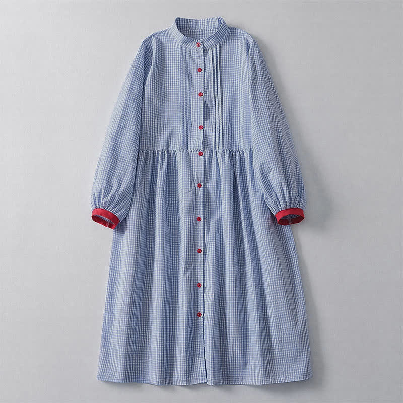 Buddha Stones Fall Casual Classic Button-Up Plaid Women's Long Sleeve Dresses With Pocket - LightBlue - US12, UK/AU16, EU44 (2XL) - image 0