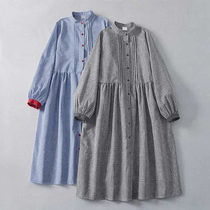 Buddha Stones Fall Casual Classic Button-Up Plaid Women's Long Sleeve Dresses With Pocket - image 15