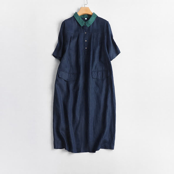 Buddha Stones Spring Summer Casual Minimalist Button-Up Solid Women's Short Sleeve Dress With Pocket - Navy - US12, UK/AU16, EU44 (2XL) - image 11