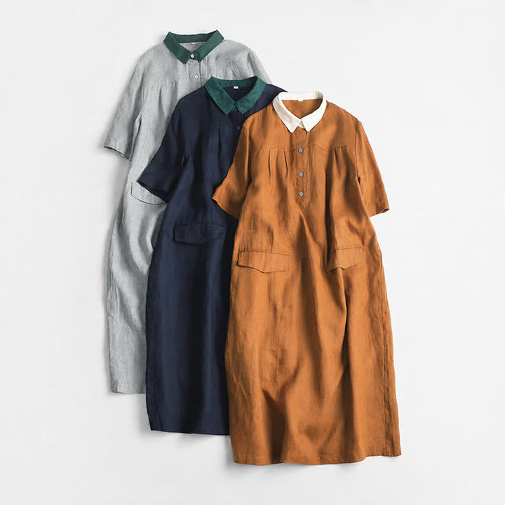 Buddha Stones Spring Summer Casual Minimalist Button-Up Solid Women's Short Sleeve Dress With Pocket - image 13