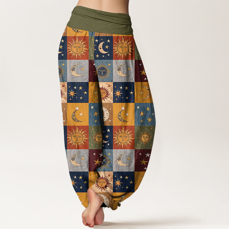 Buddha Stones Cotton Sun Moon Patchwork Pattern Women's Elastic Waist Harem Pants - image 2