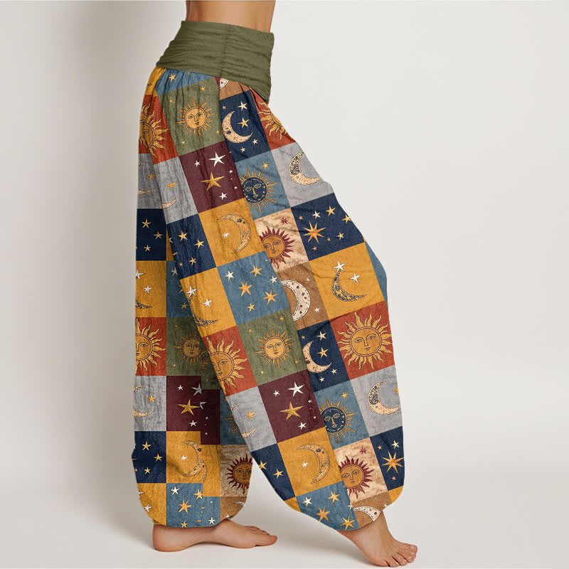Buddha Stones Cotton Sun Moon Patchwork Pattern Women's Elastic Waist Harem Pants - image 1