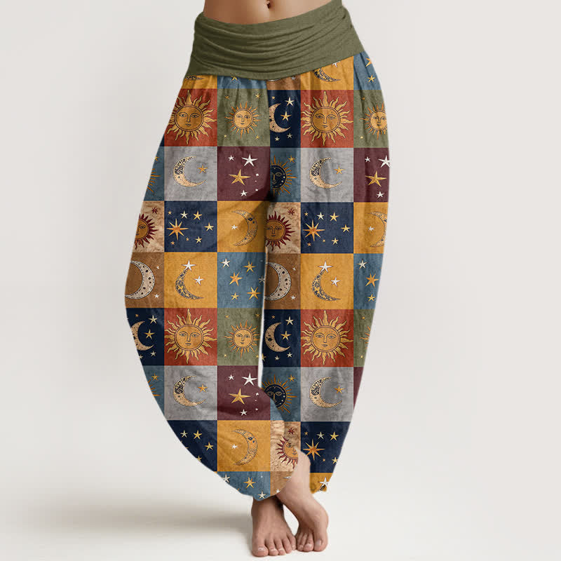 Buddha Stones Cotton Sun Moon Patchwork Pattern Women's Elastic Waist Harem Pants - Olive - US16，UK/AU20，EU48 (3XL) - image 0