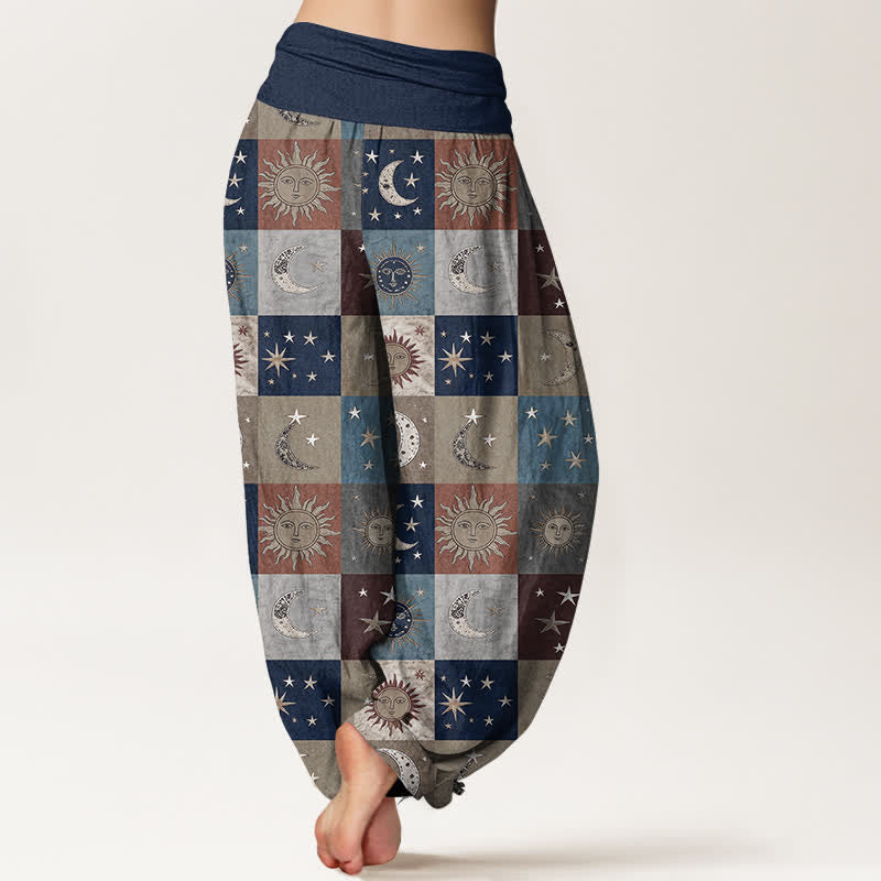 Buddha Stones Cotton Sun Moon Patchwork Pattern Women's Elastic Waist Harem Pants - image 7
