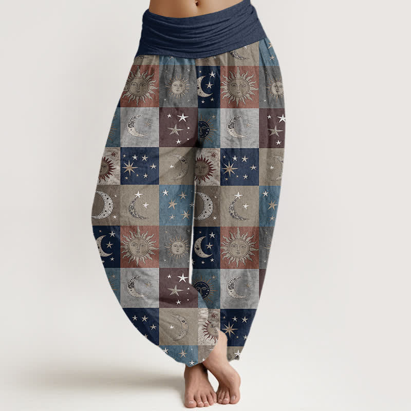 Buddha Stones Cotton Sun Moon Patchwork Pattern Women's Elastic Waist Harem Pants - Navy - US16，UK/AU20，EU48 (3XL) - image 5