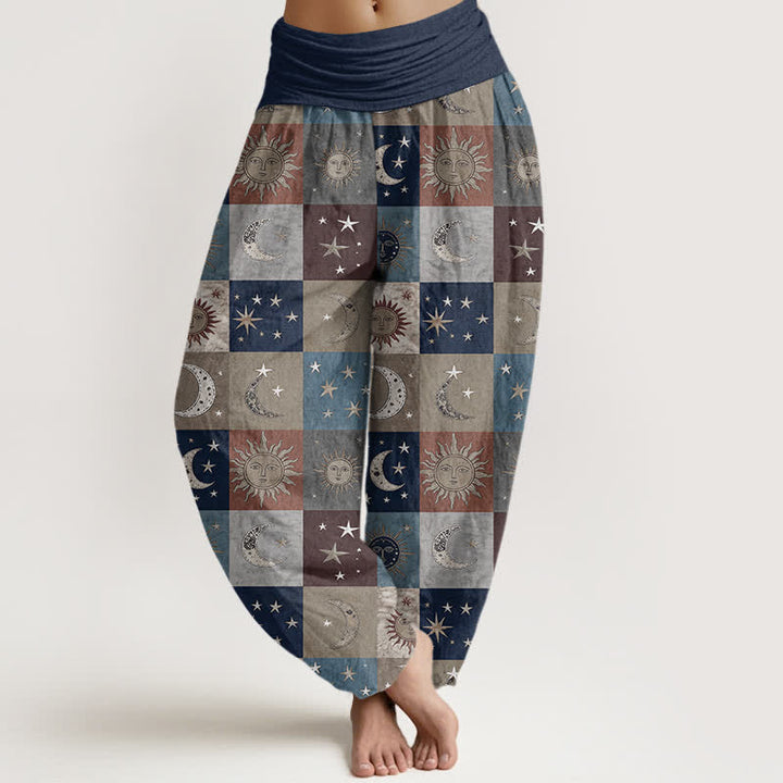 Buddha Stones Cotton Sun Moon Patchwork Pattern Women's Elastic Waist Harem Pants - Navy - US16，UK/AU20，EU48 (3XL) - image 5