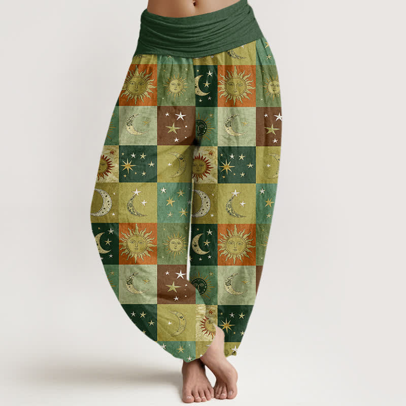 Buddha Stones Cotton Sun Moon Patchwork Pattern Women's Elastic Waist Harem Pants - SeaGreen - US16，UK/AU20，EU48 (3XL) - image 8