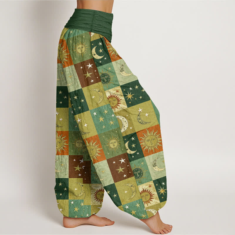 Buddha Stones Cotton Sun Moon Patchwork Pattern Women's Elastic Waist Harem Pants - image 9