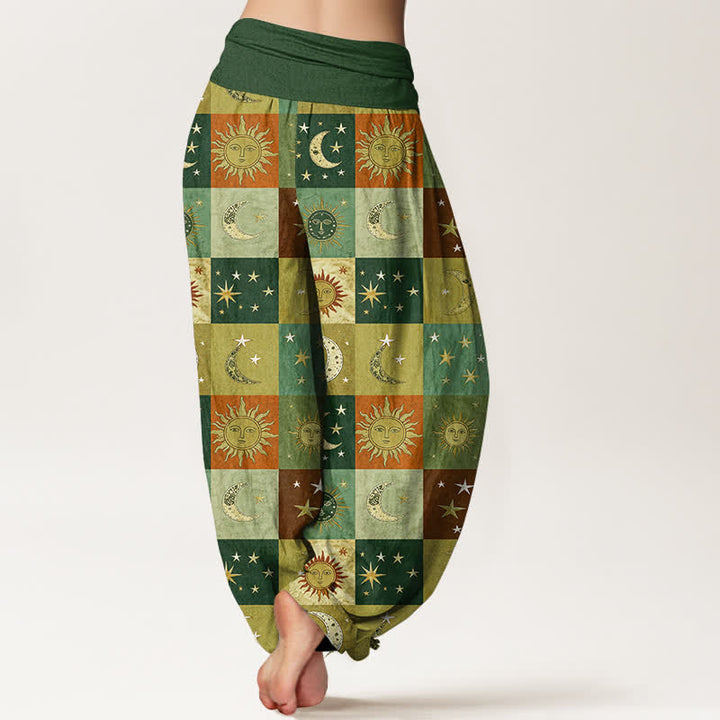 Buddha Stones Cotton Sun Moon Patchwork Pattern Women's Elastic Waist Harem Pants - image 10