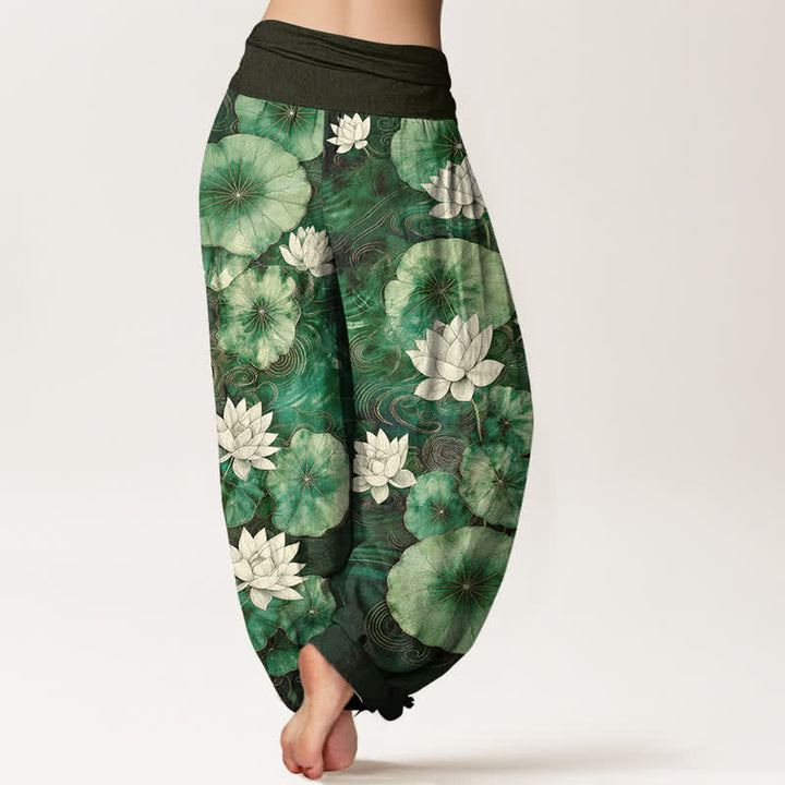Buddha Stones Cotton Lotus Pond Pattern Women's Elastic Waist Harem Pants - image 2
