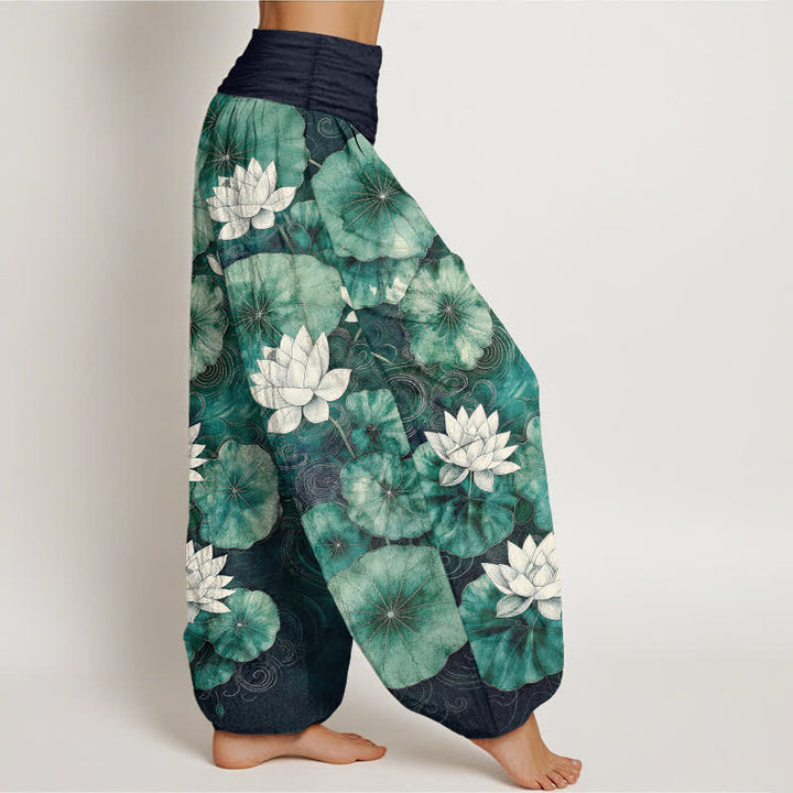 Buddha Stones Cotton Lotus Pond Pattern Women's Elastic Waist Harem Pants - image 9
