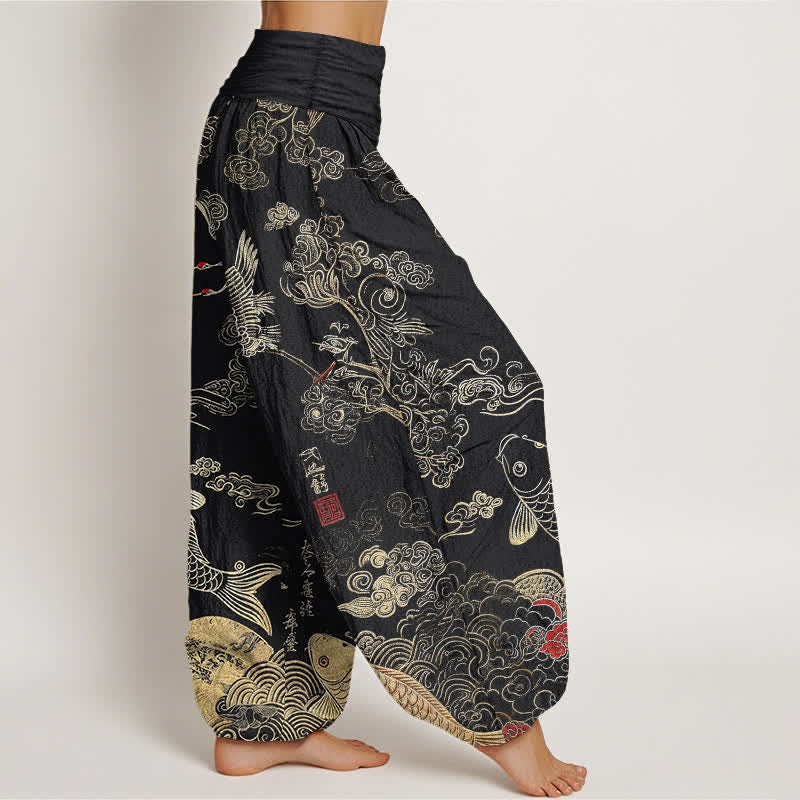 Buddha Stones Cotton Crane Koi Fish Cloud Pattern Women's Elastic Waist Harem Pants - image 1