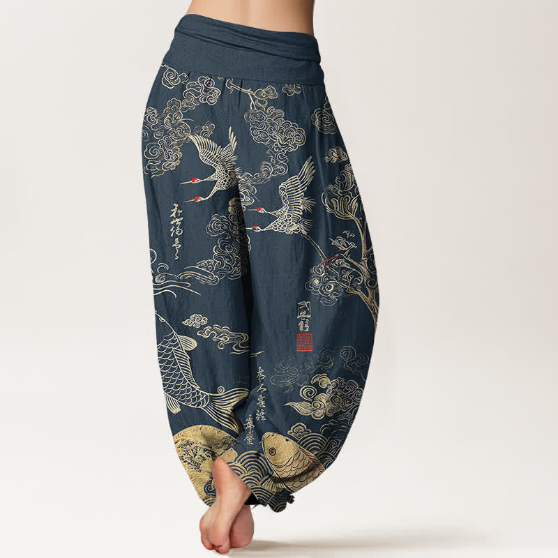 Buddha Stones Cotton Crane Koi Fish Cloud Pattern Women's Elastic Waist Harem Pants - image 7