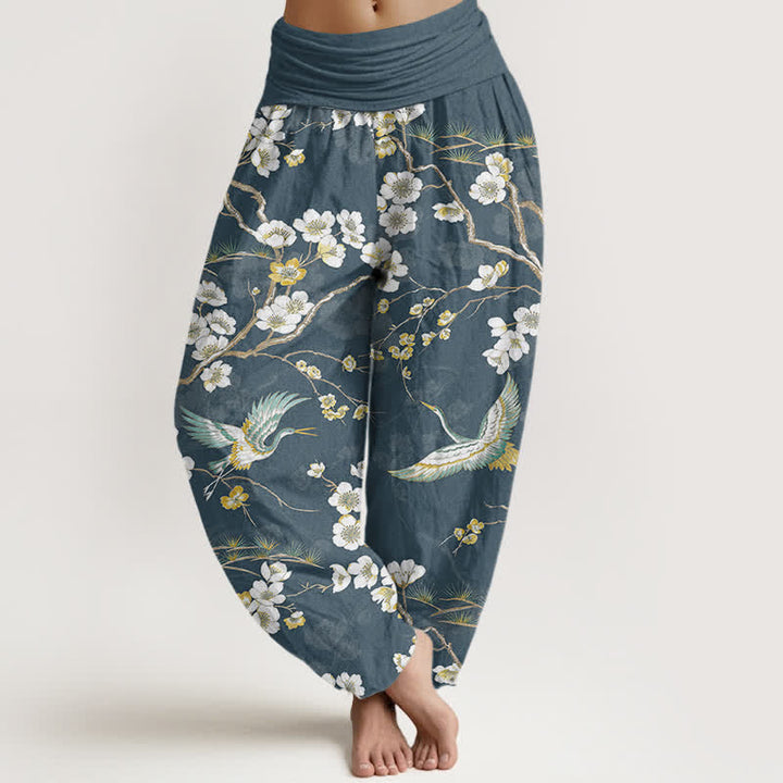 Buddha Stones Cotton White Blossom Crane Pattern Women's Elastic Waist Harem Pants - CadetBlue - US16，UK/AU20，EU48 (3XL) - image 0