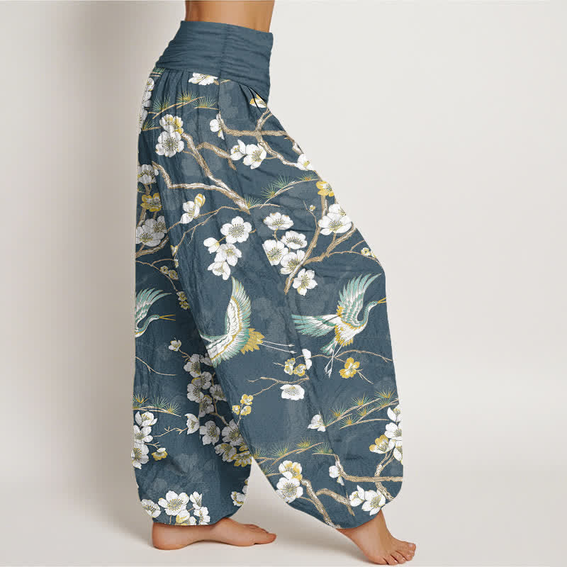Buddha Stones Cotton White Blossom Crane Pattern Women's Elastic Waist Harem Pants - image 1