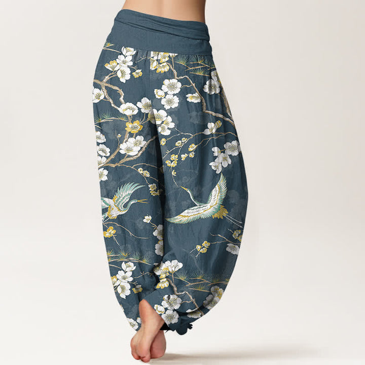 Buddha Stones Cotton White Blossom Crane Pattern Women's Elastic Waist Harem Pants - image 2