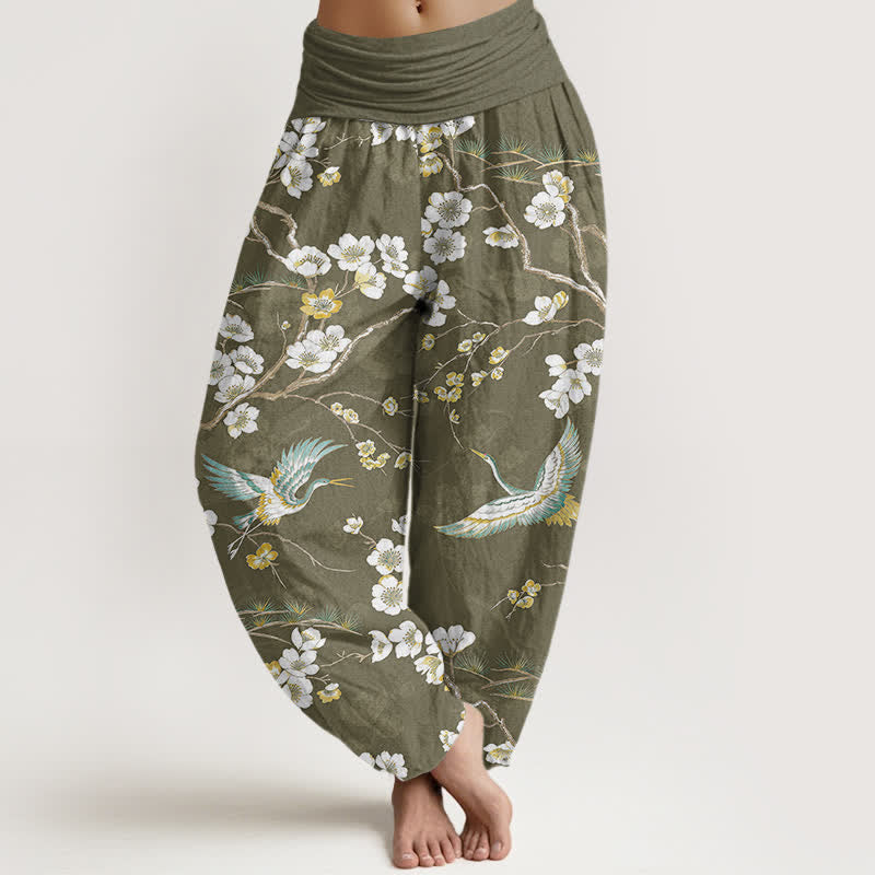 Buddha Stones Cotton White Blossom Crane Pattern Women's Elastic Waist Harem Pants - OliveDrab - US16，UK/AU20，EU48 (3XL) - image 5