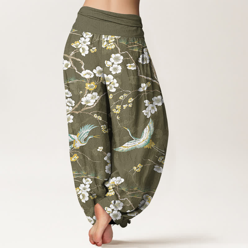 Buddha Stones Cotton White Blossom Crane Pattern Women's Elastic Waist Harem Pants - image 7