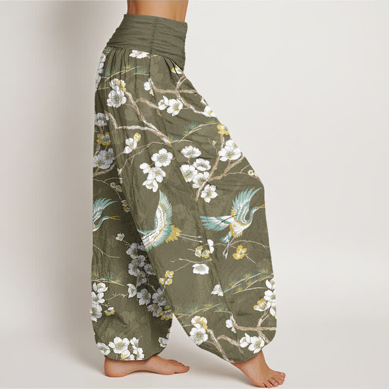 Buddha Stones Cotton White Blossom Crane Pattern Women's Elastic Waist Harem Pants - image 6