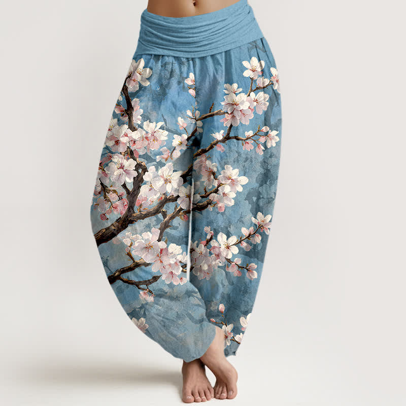 Buddha Stones Cotton Sakura Blossom Branch Pattern Women's Elastic Waist Harem Pants - LightBlue - US16，UK/AU20，EU48 (3XL) - image 0
