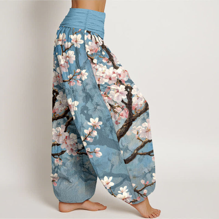 Buddha Stones Cotton Sakura Blossom Branch Pattern Women's Elastic Waist Harem Pants - image 1