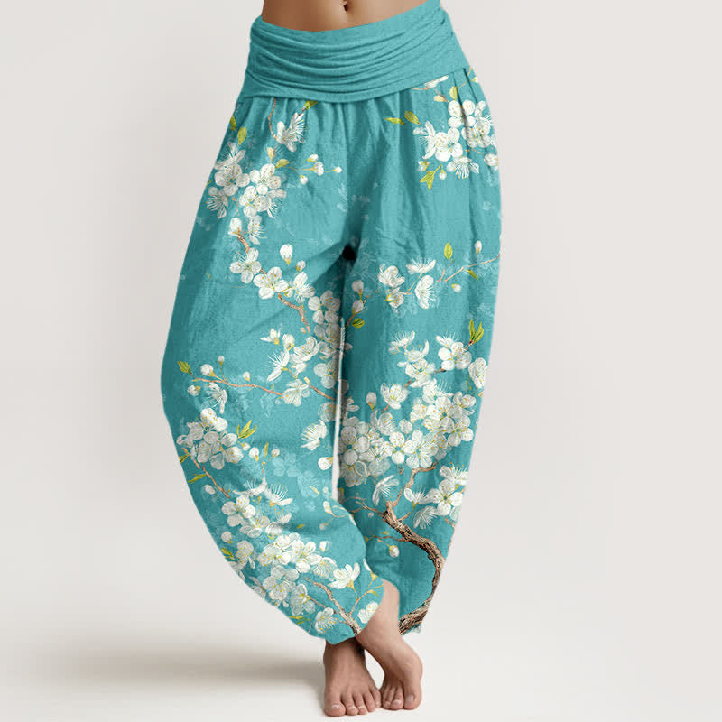Buddha Stones Cotton Botanical Bloom Branch Pattern Women's Elastic Waist Harem Pants - Turquoise - US16，UK/AU20，EU48 (3XL) - image 0