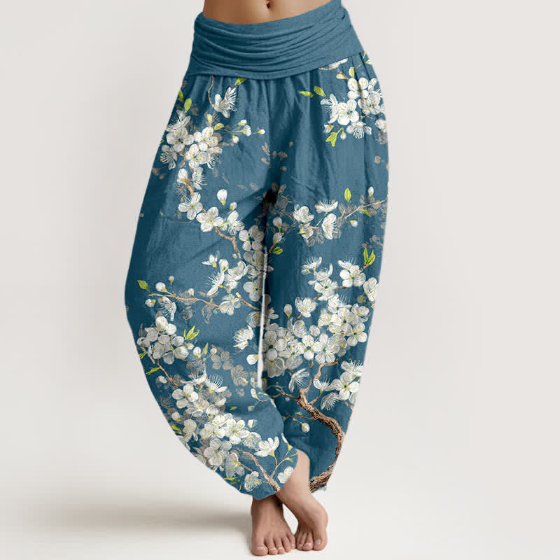 Buddha Stones Cotton Botanical Bloom Branch Pattern Women's Elastic Waist Harem Pants - CadetBlue - US16，UK/AU20，EU48 (3XL) - image 5