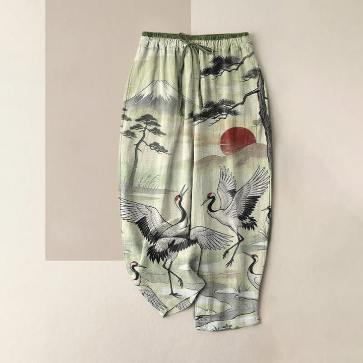 Buddha Stones Pure Cotton Crane Landscape Pattern Women's Elastic Waist Pants With Pockets - PaleGreen - US16，UK/AU20，EU48 (3XL) - image 4