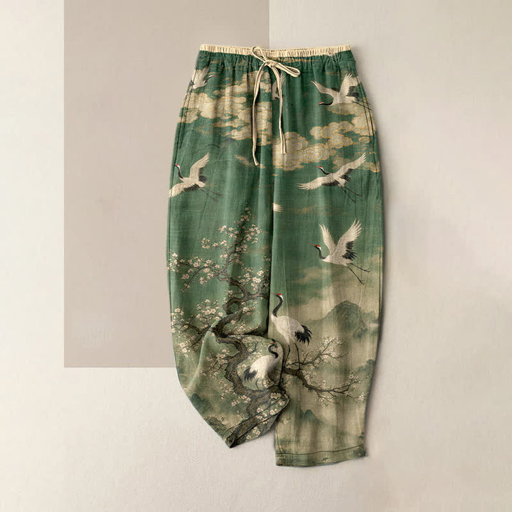 Buddha Stones Pure Cotton Elegant Crane Blossom Pattern Women's Elastic Waist Pants With Pockets - SeaGreen - US16，UK/AU20，EU48 (3XL) - image 0