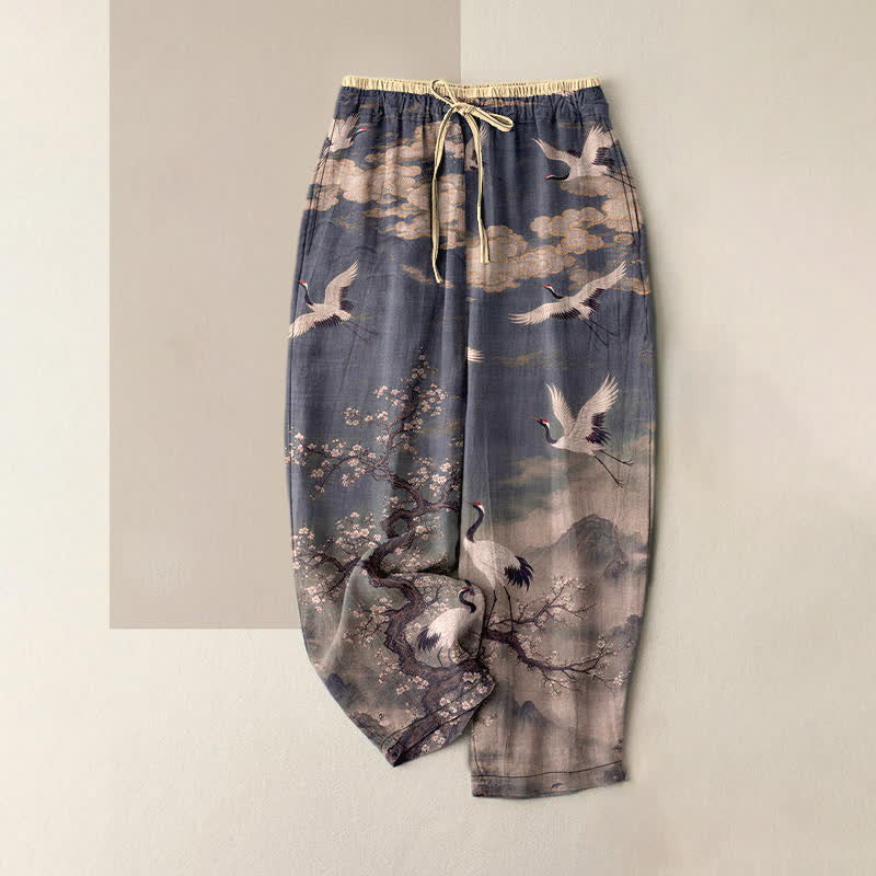 Buddha Stones Pure Cotton Elegant Crane Blossom Pattern Women's Elastic Waist Pants With Pockets - SlateGray - US16，UK/AU20，EU48 (3XL) - image 4