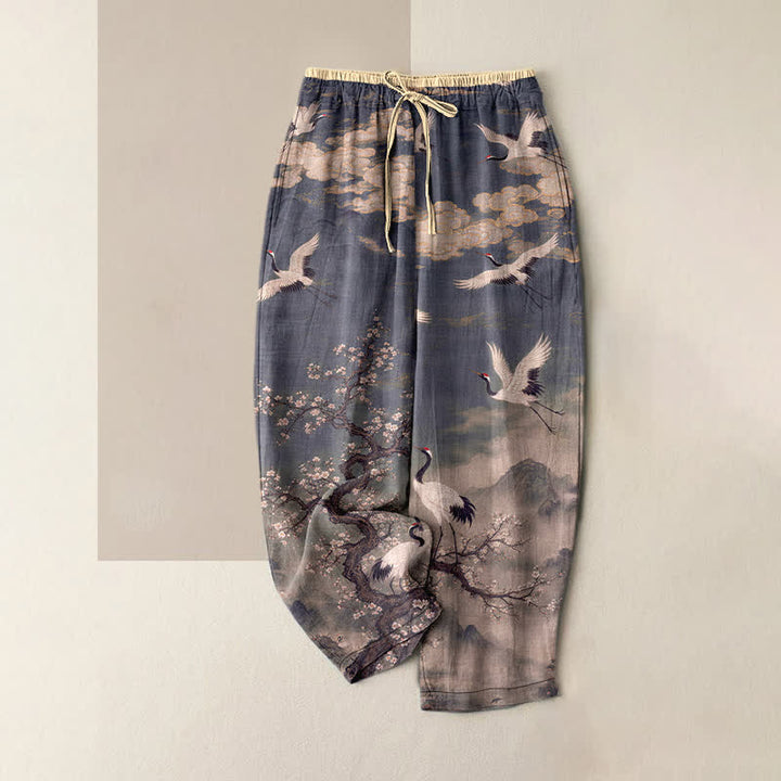 Buddha Stones Pure Cotton Elegant Crane Blossom Pattern Women's Elastic Waist Pants With Pockets - SlateGray - US16，UK/AU20，EU48 (3XL) - image 4