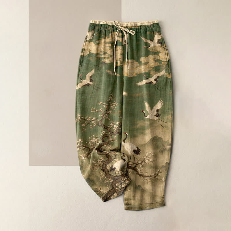 Buddha Stones Pure Cotton Elegant Crane Blossom Pattern Women's Elastic Waist Pants With Pockets - Olive - US16，UK/AU20，EU48 (3XL) - image 5