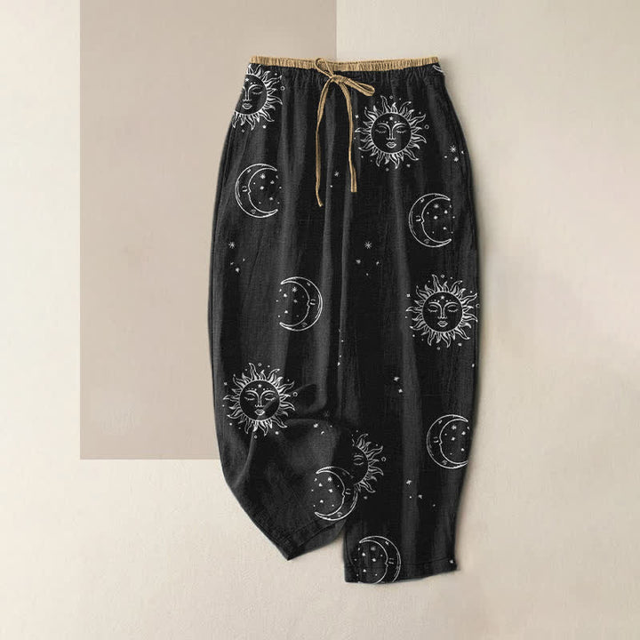 Buddha Stones Pure Cotton Mystical Moon Sun Pattern Women's Elastic Waist Pants With Pockets - Black - US16，UK/AU20，EU48 (3XL) - image 0