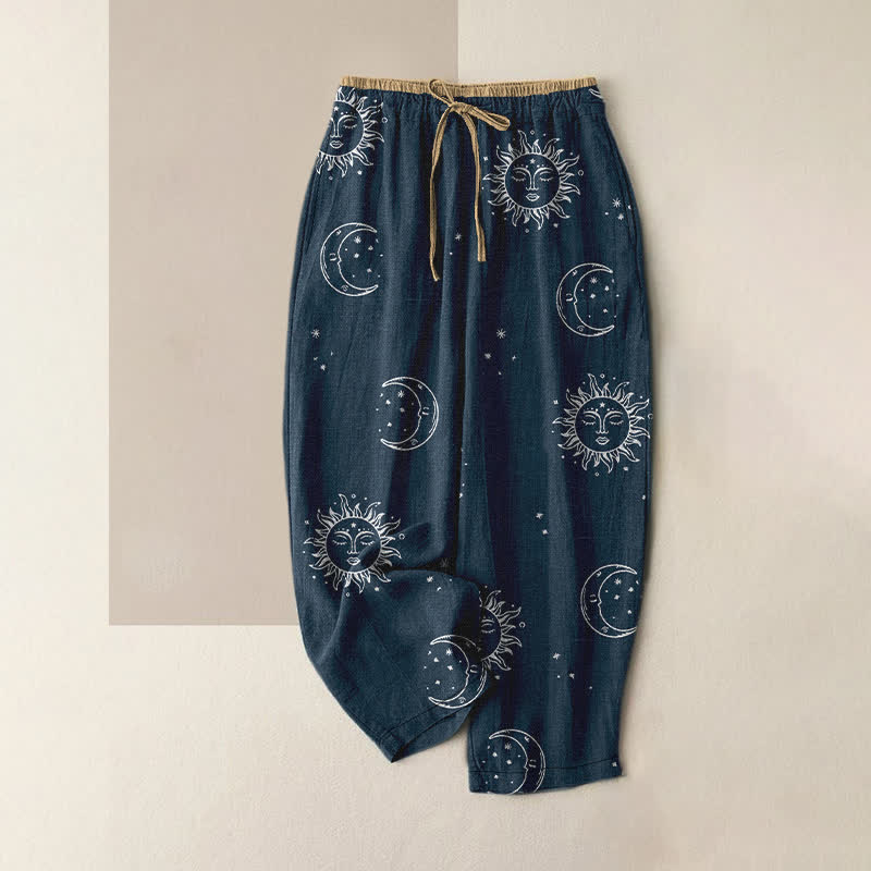 Buddha Stones Pure Cotton Mystical Moon Sun Pattern Women's Elastic Waist Pants With Pockets - Navy - US16，UK/AU20，EU48 (3XL) - image 4
