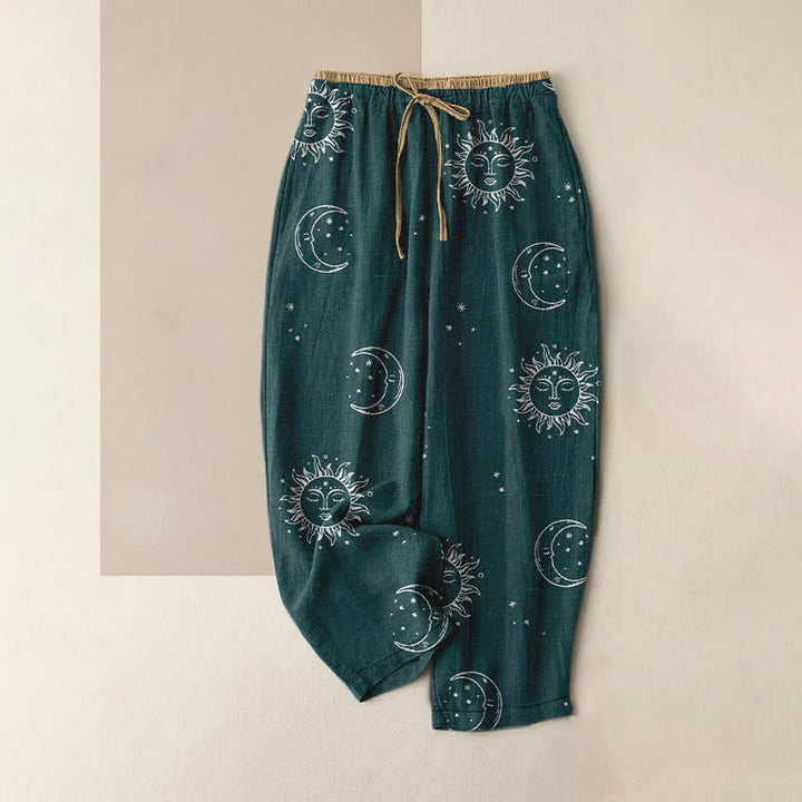 Buddha Stones Pure Cotton Mystical Moon Sun Pattern Women's Elastic Waist Pants With Pockets - Teal - US16，UK/AU20，EU48 (3XL) - image 5