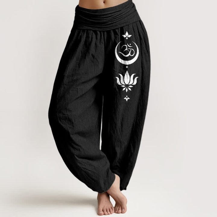 Buddha Stones Pure Cotton Om Lotus Moon Pattern Women's Elastic Waist Harem Pants - Black - US16，UK/AU20，EU48 (3XL) - image 0