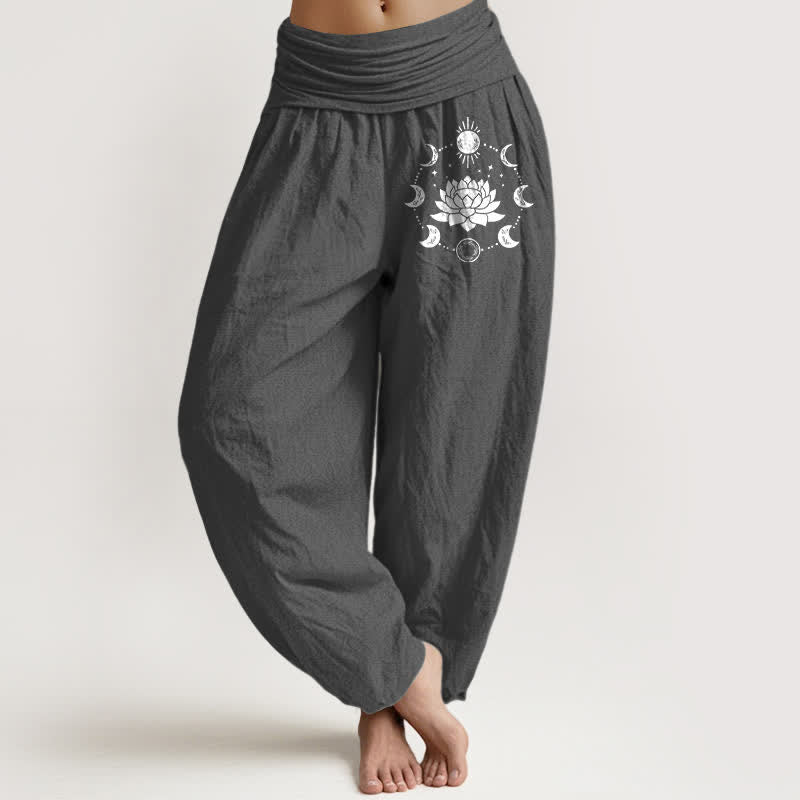 Buddha Stones Pure Cotton Lotus Moon Phases Pattern Women's Elastic Waist Harem Pants - DimGray - US16，UK/AU20，EU48 (3XL) - image 0