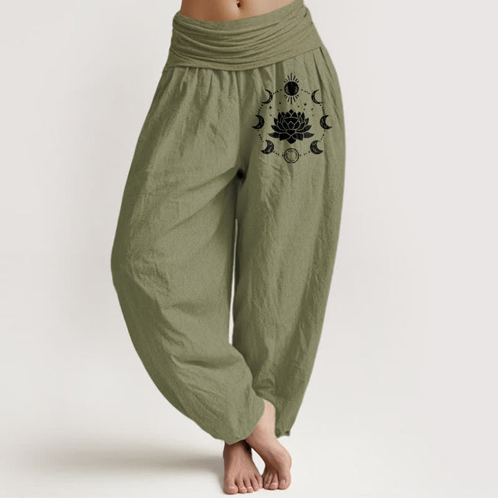 Buddha Stones Pure Cotton Lotus Moon Phases Pattern Women's Elastic Waist Harem Pants - OliveDrab - US16，UK/AU20，EU48 (3XL) - image 14