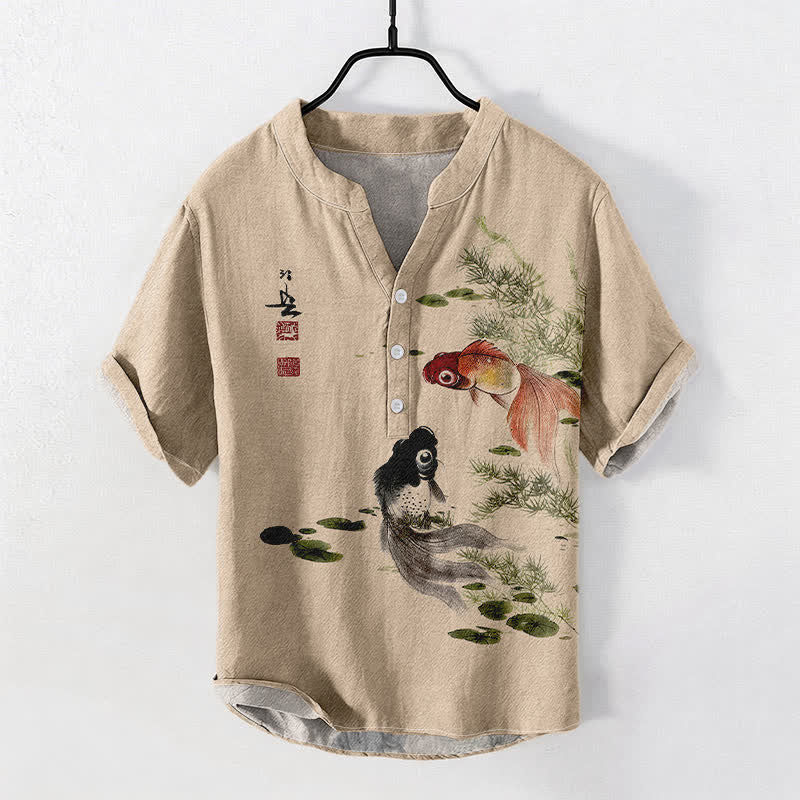 Buddha Stones Cotton Twin Koi Lotus Leaf Pattern Men's Short Sleeve Half Button Shirt - Wheat - US/UK/AU50，EU60 (5XL) - image 3
