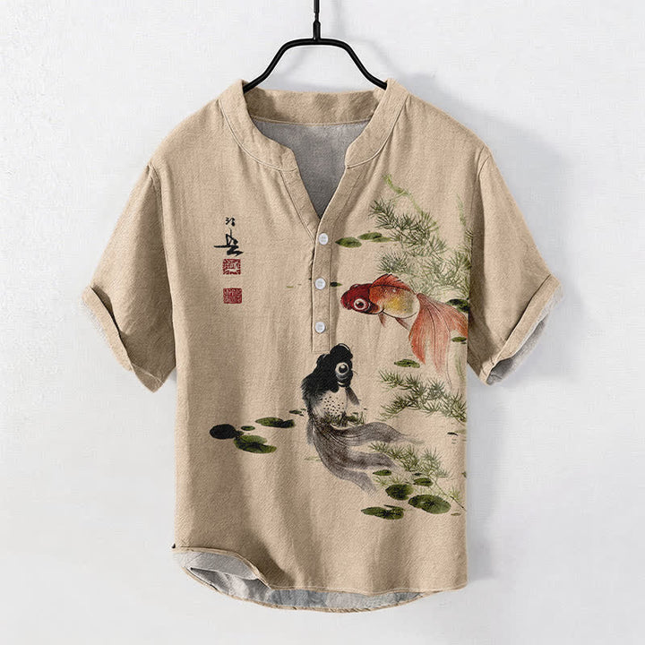 Buddha Stones Cotton Twin Koi Lotus Leaf Pattern Men's Short Sleeve Half Button Shirt - Wheat - US/UK/AU50，EU60 (5XL) - image 3
