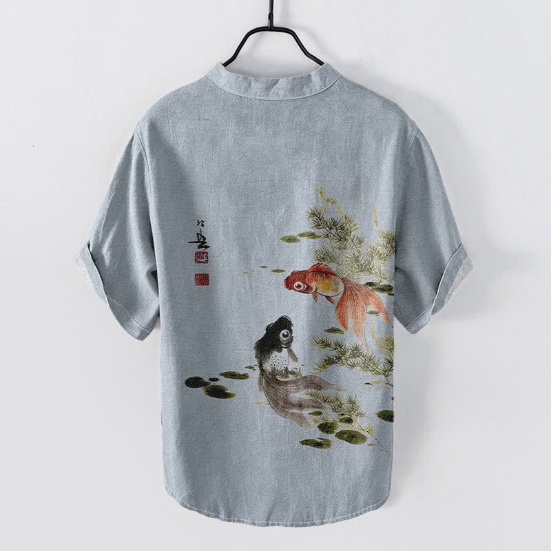Buddha Stones Cotton Twin Koi Lotus Leaf Pattern Men's Short Sleeve Half Button Shirt - image 6