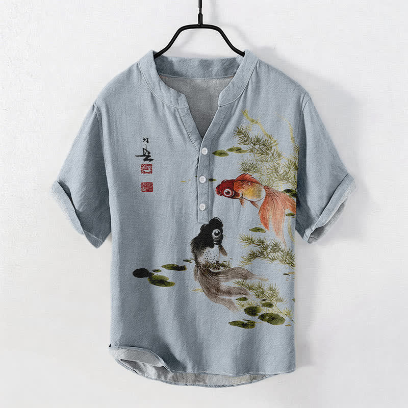 Buddha Stones Cotton Twin Koi Lotus Leaf Pattern Men's Short Sleeve Half Button Shirt - LightSteelBlue - US/UK/AU50，EU60 (5XL) - image 5
