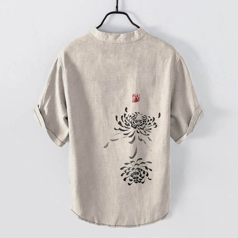 Buddha Stones Cotton Ink Chrysanthemum Seal Pattern Men's Short Sleeve Half Button Shirt - image 1