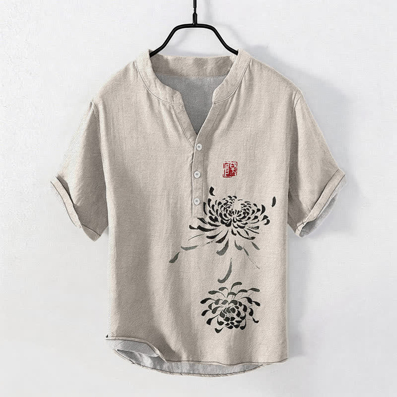 Buddha Stones Cotton Ink Chrysanthemum Seal Pattern Men's Short Sleeve Half Button Shirt - Linen - US/UK/AU50，EU60 (5XL) - image 0