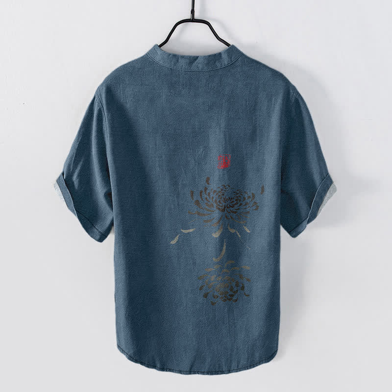 Buddha Stones Cotton Ink Chrysanthemum Seal Pattern Men's Short Sleeve Half Button Shirt - image 8