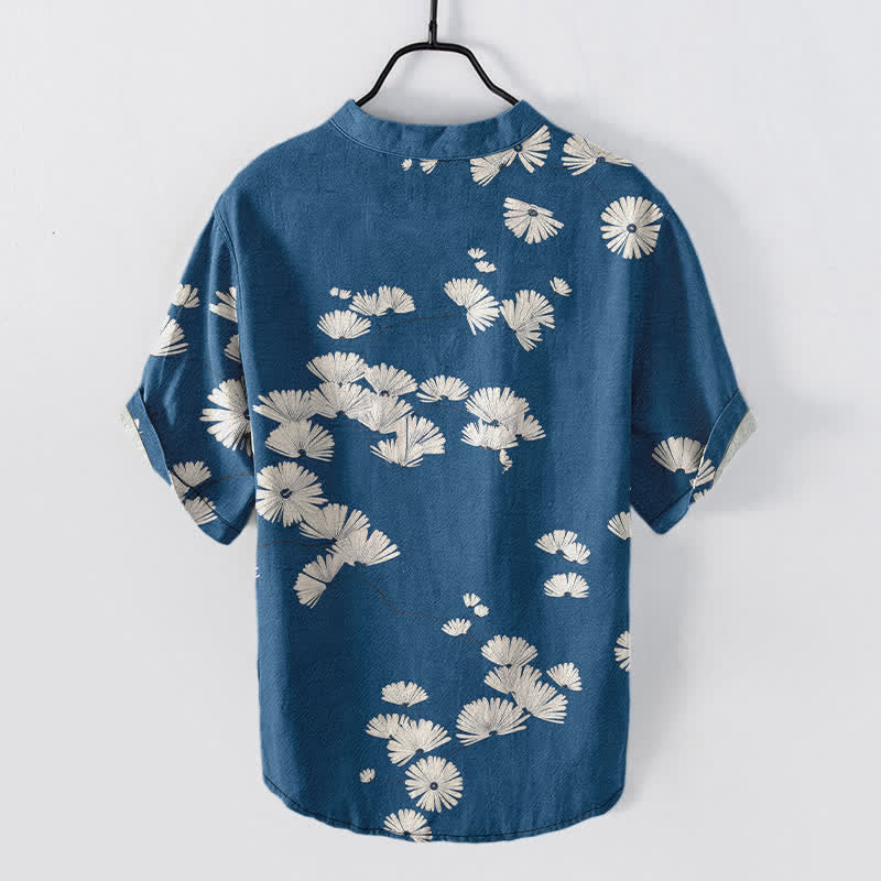 Buddha Stones Cotton White Daisy Pattern Men's Short Sleeve Half Button Shirt - image 1