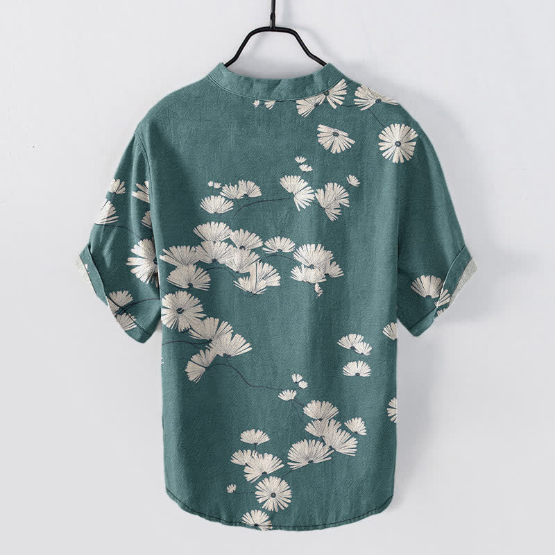 Buddha Stones Cotton White Daisy Pattern Men's Short Sleeve Half Button Shirt - image 6