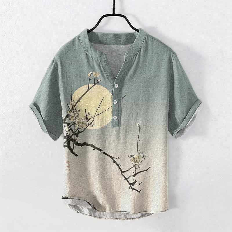 Buddha Stones Cotton Plum Blossom Moon Pattern Men's Short Sleeve Half Button Shirt - CadetBlue - US/UK/AU50，EU60 (5XL) - image 5