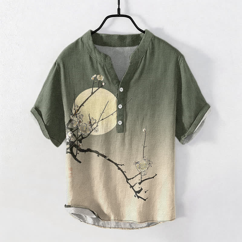 Buddha Stones Cotton Plum Blossom Moon Pattern Men's Short Sleeve Half Button Shirt - DarkOliveGreen - US/UK/AU50，EU60 (5XL) - image 7